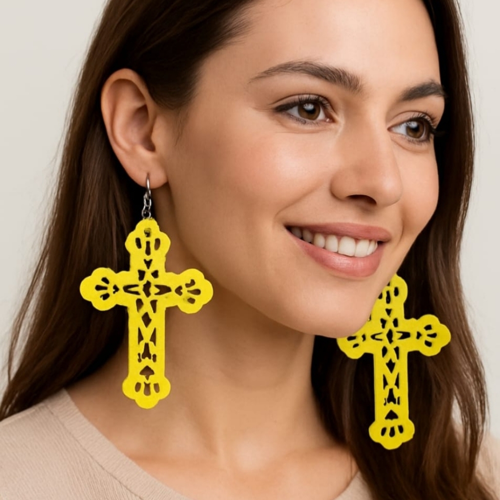 Elegant Yellow Cross Earrings, Lightweight and easy to wear. 8 cm